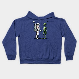 Astronaut and alien shaking hands Kids Hoodie